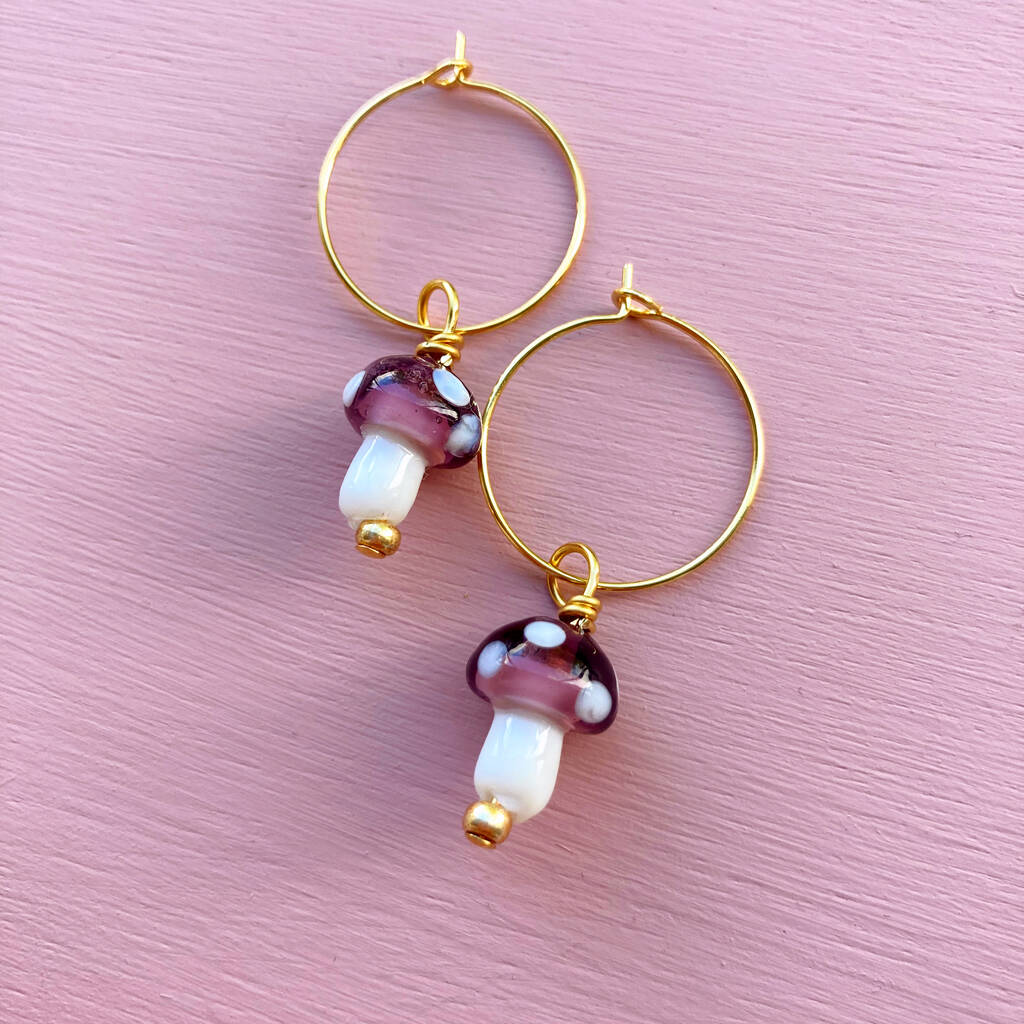 Murano Glass Mushroom Gold Plated Hoops