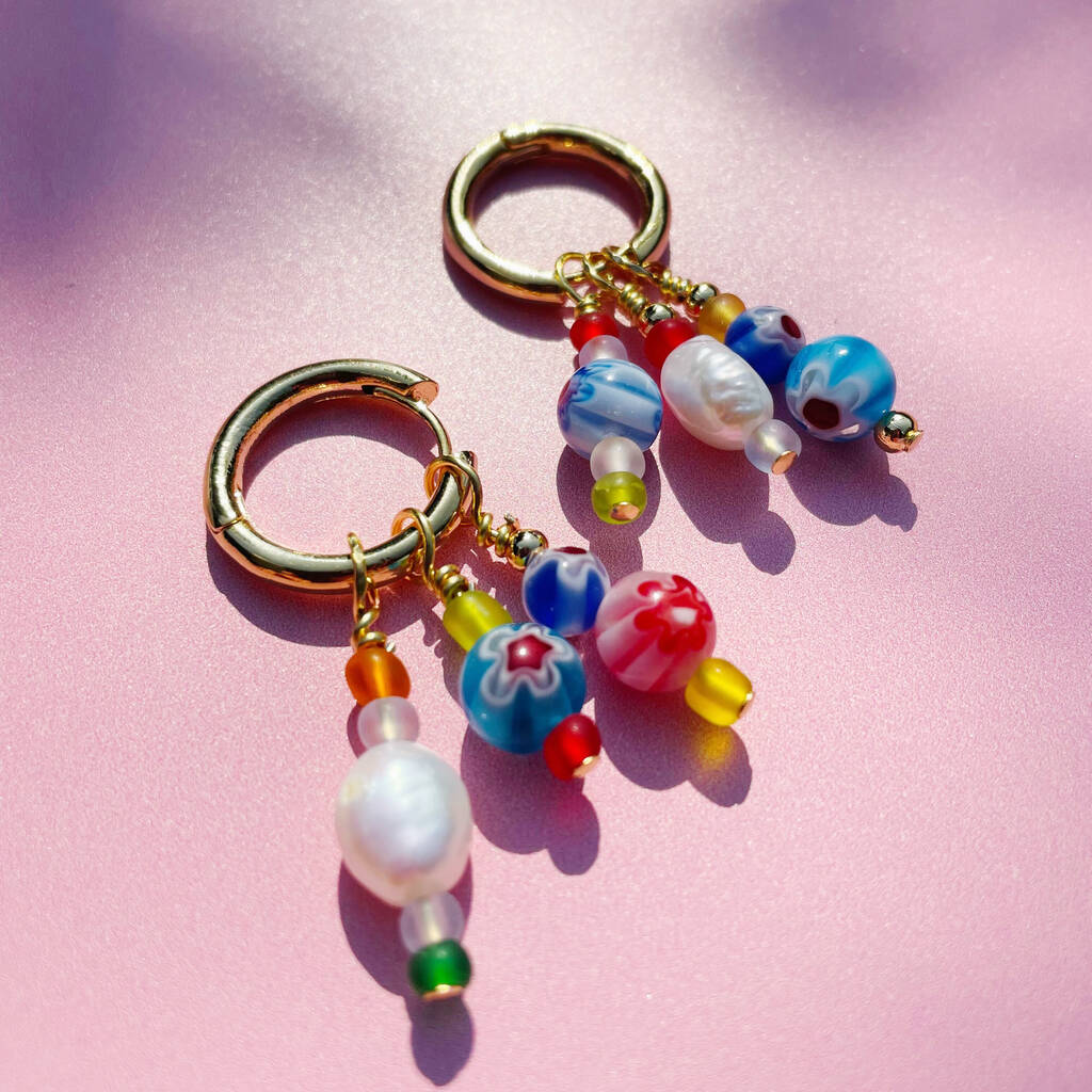 No Waste Millefiori Bead And Pearl Huggie Hoops