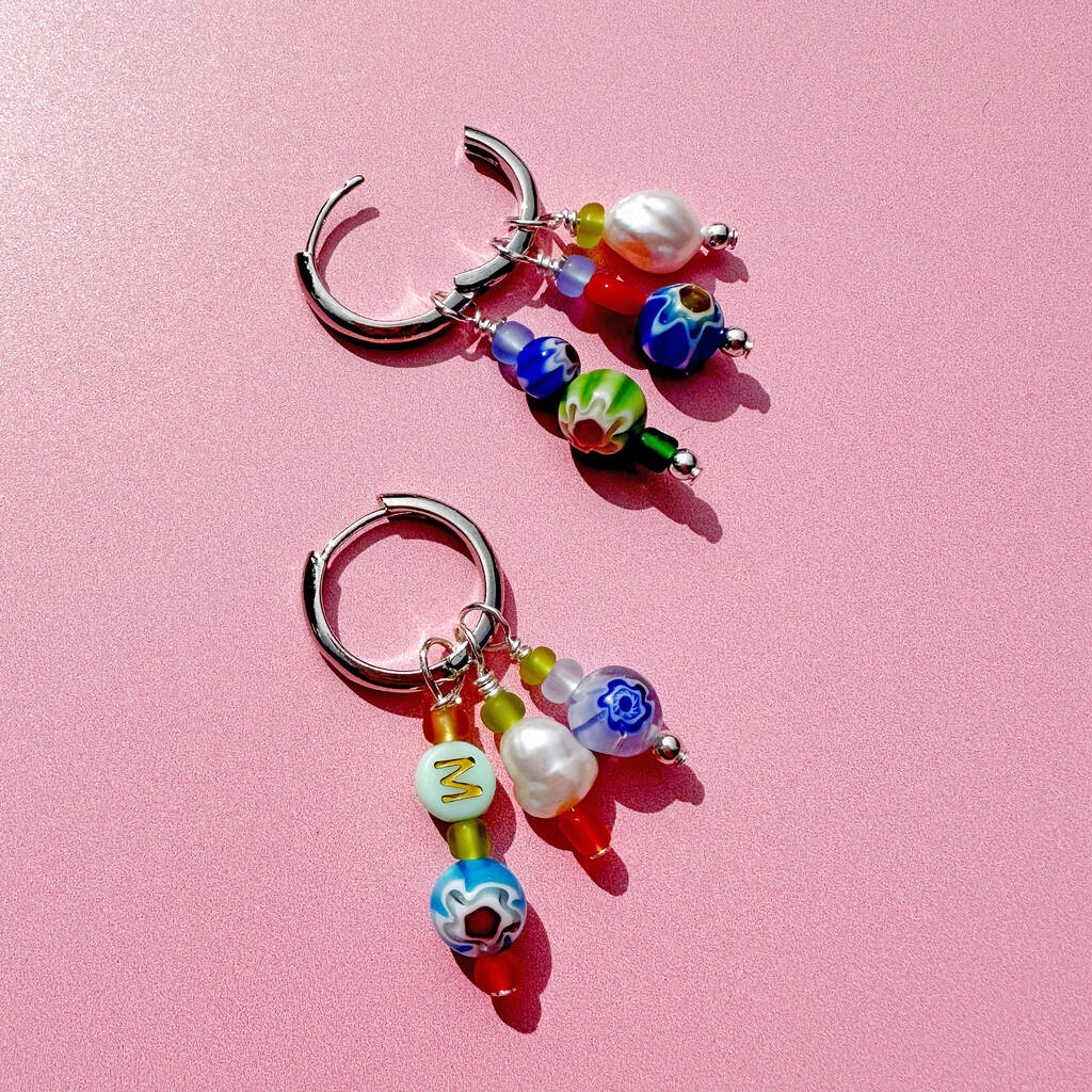 No Waste Millefiori Bead And Pearl Huggie Hoops