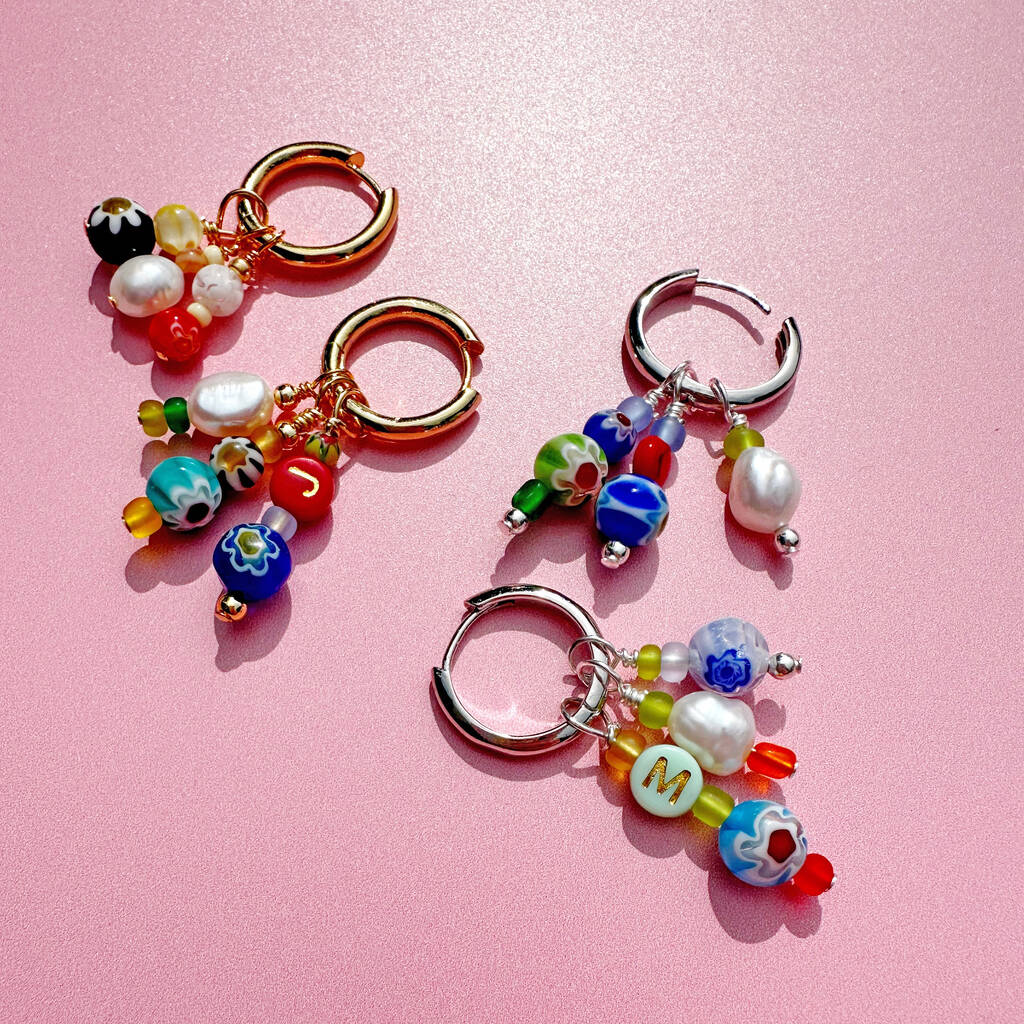 No Waste Millefiori Bead And Pearl Huggie Hoops