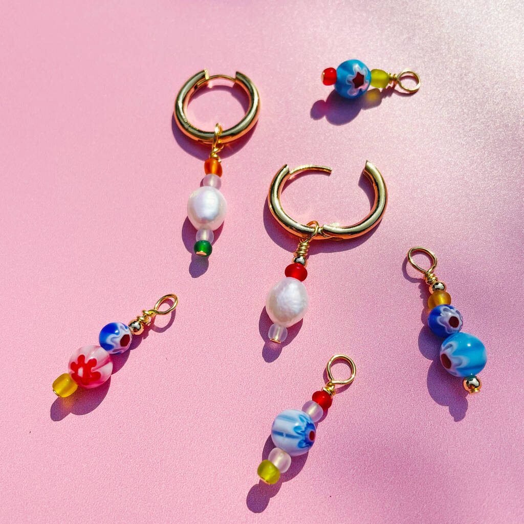 No Waste Millefiori Bead And Pearl Huggie Hoops