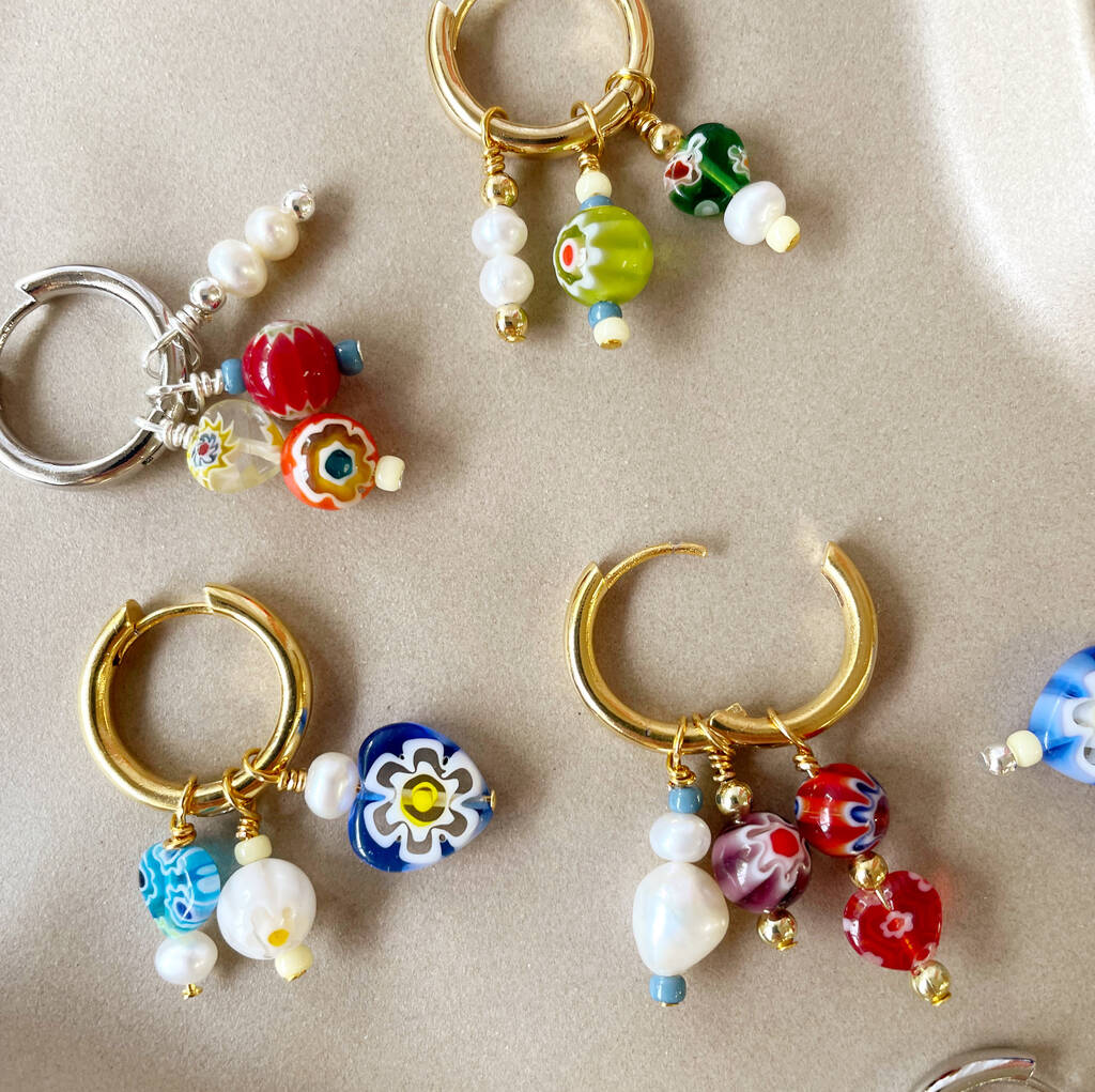 No Waste Millefiori Bead And Pearl Huggie Hoops