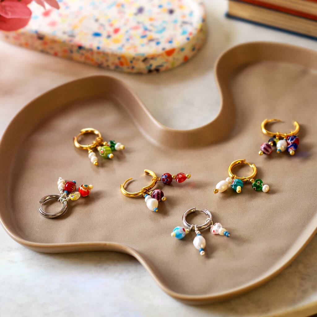 No Waste Millefiori Bead And Pearl Huggie Hoops