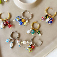 No Waste Millefiori Bead And Pearl Huggie Hoops