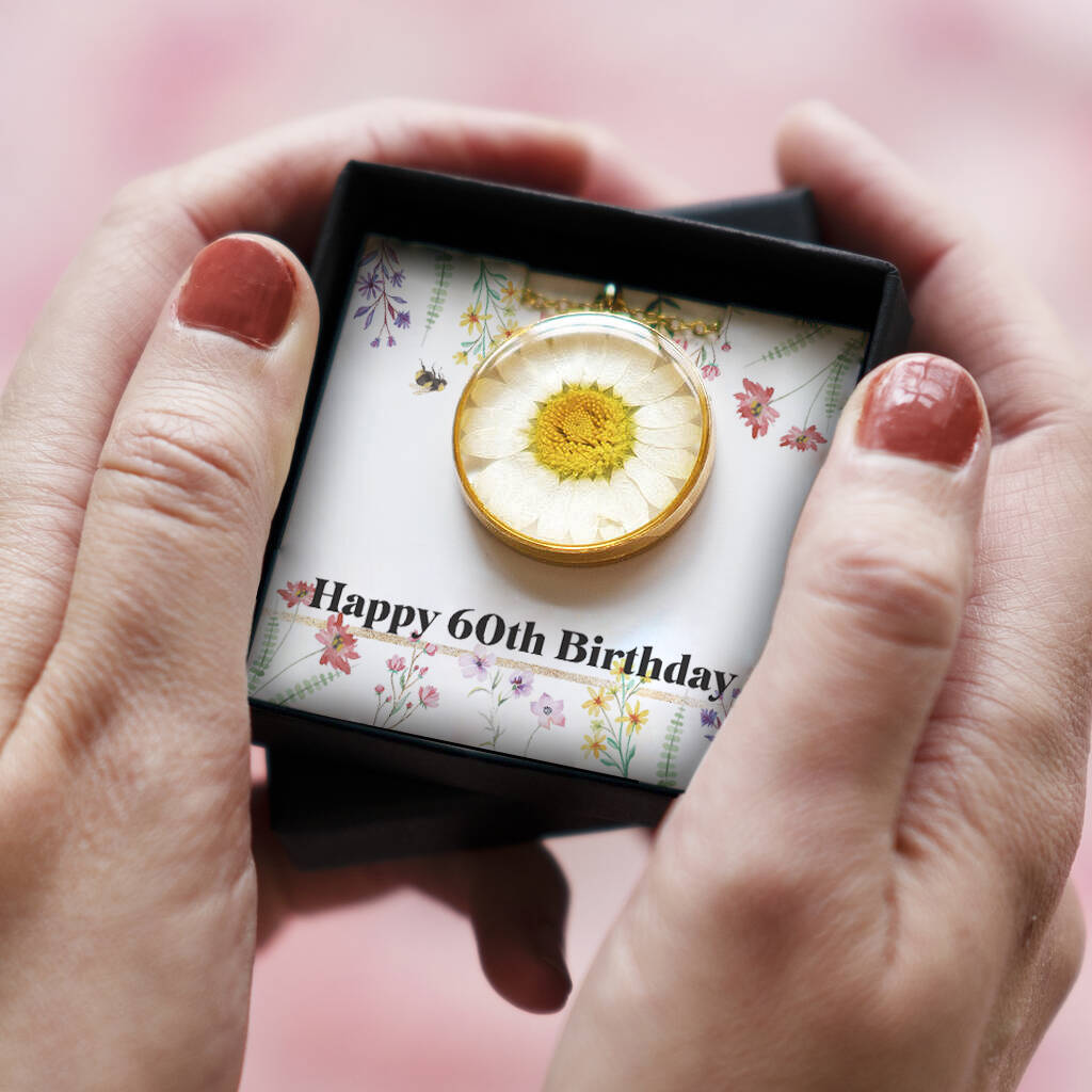Personalised Happy 60th Birthday Pressed Daisy Necklace