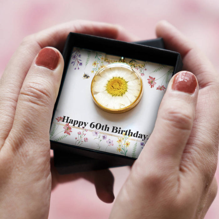 Personalised Happy 60th Birthday Pressed Daisy Necklace