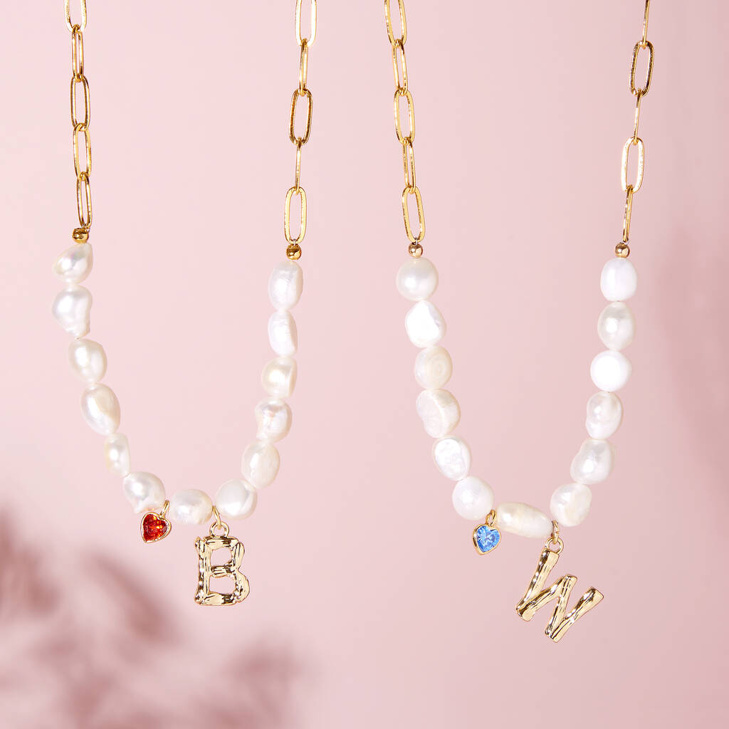 Birthstone And Personalised Initial Pearl Necklace