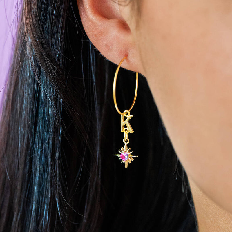 Birthstone Star And Personalised Initial Hoop Earrings