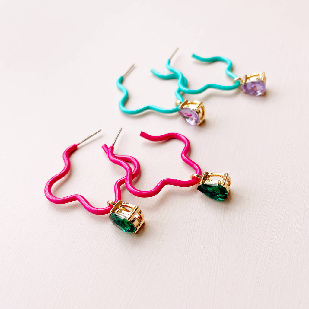 Bright Wavy Enamel And Glass Stone Earrings