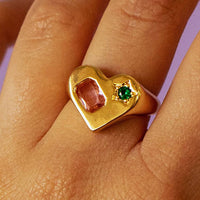 Gold Heart And Glass Stone Signet Ring