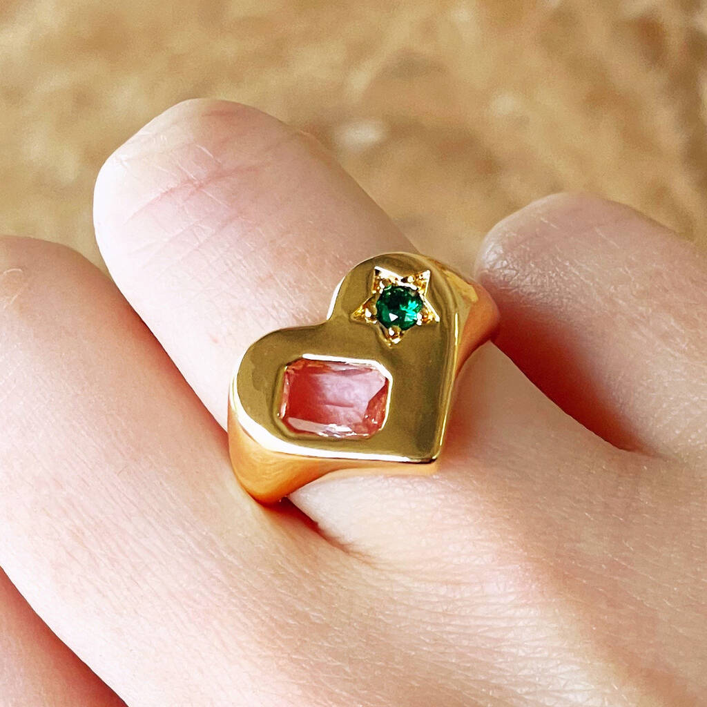 Gold Heart And Glass Stone Signet Ring