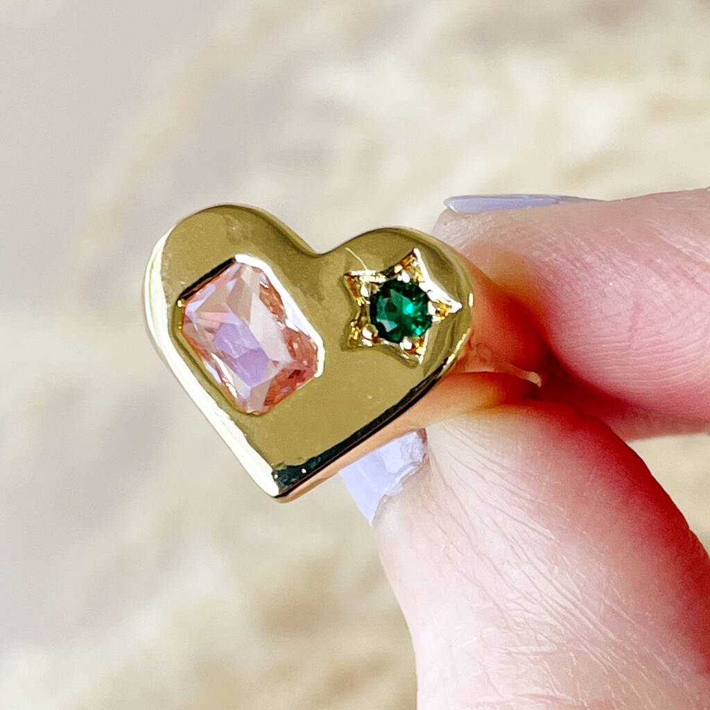 Gold Heart And Glass Stone Signet Ring