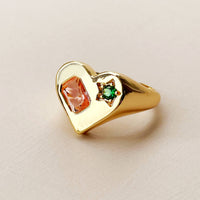 Gold Heart And Glass Stone Signet Ring