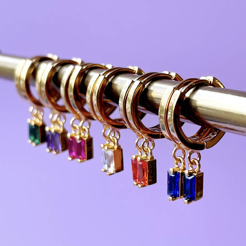 Gold Plated Huggie Hoop Earrings With Baguette Stones