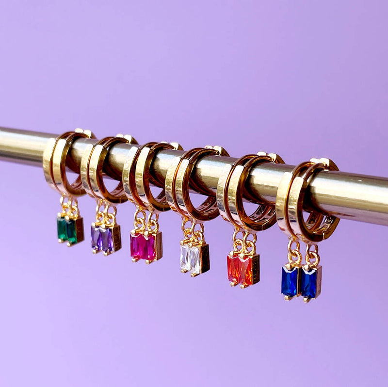 Gold Plated Huggie Hoop Earrings With Baguette Stones