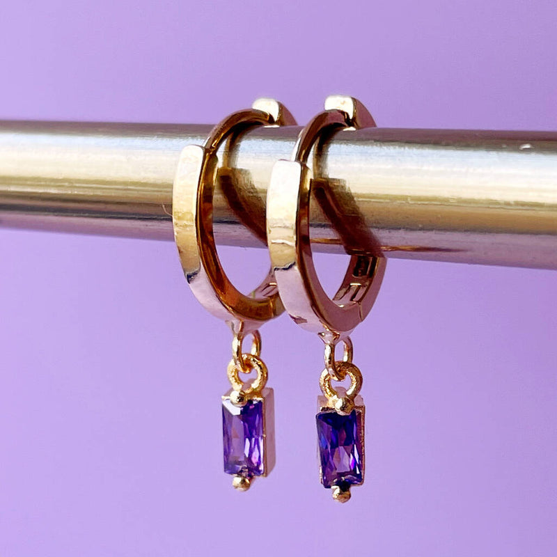 Gold Plated Huggie Hoop Earrings With Baguette Stones