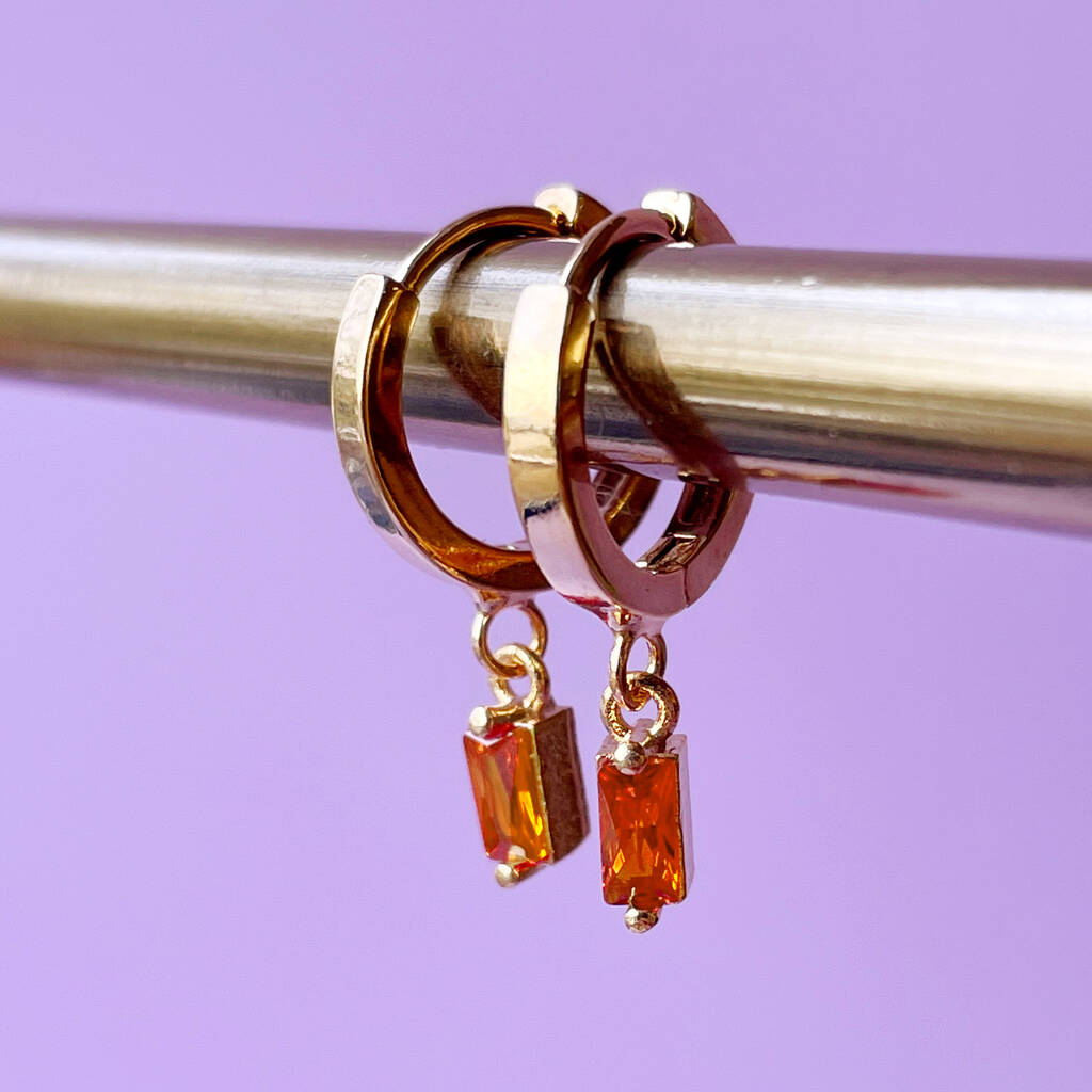 Gold Plated Huggie Hoop Earrings With Baguette Stones