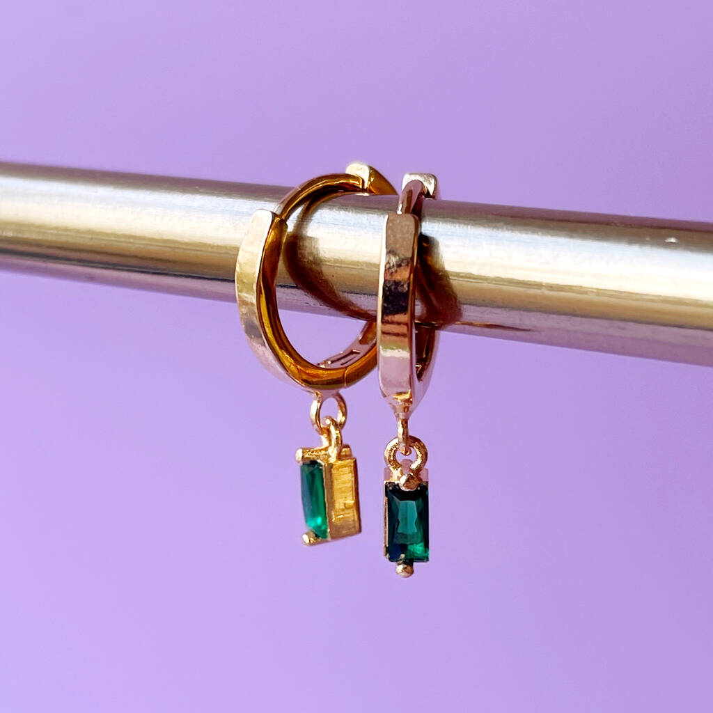 Gold Plated Huggie Hoop Earrings With Baguette Stones