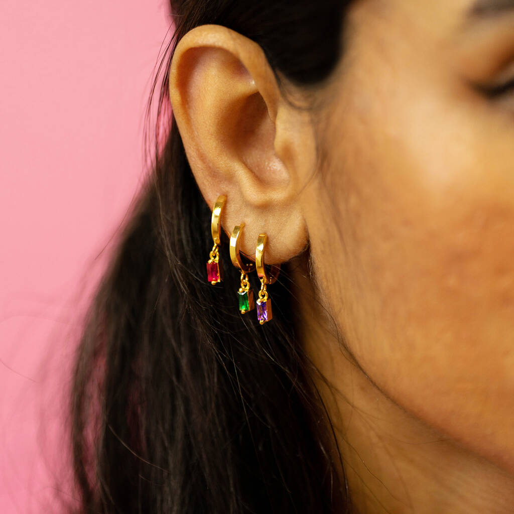 Gold Plated Huggie Hoop Earrings With Baguette Stones