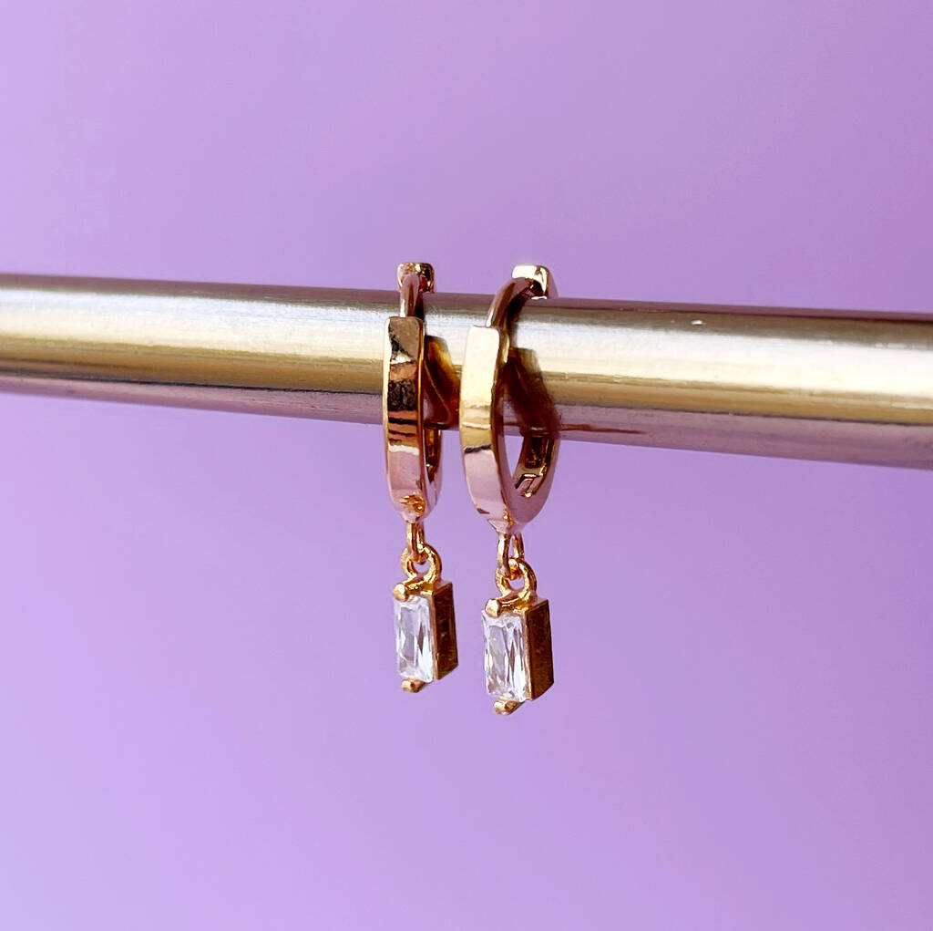 Gold Plated Huggie Hoop Earrings With Baguette Stones