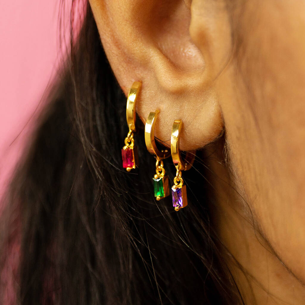 Gold Plated Huggie Hoop Earrings With Baguette Stones