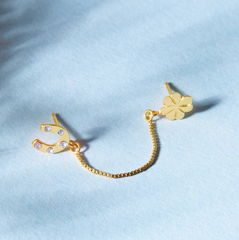 Gold Plated Lucky Horseshoe And Clover Double Earring