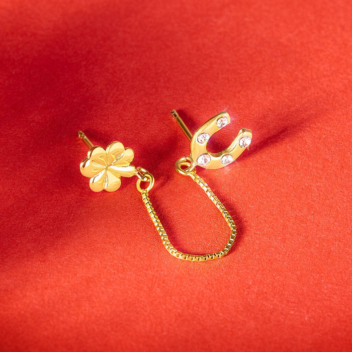 Gold Plated Lucky Horseshoe And Clover Double Earring