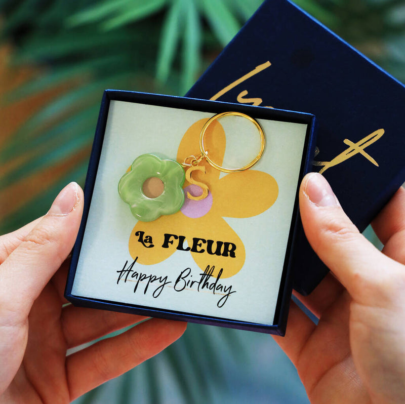 Happy Birthday Initial and Flower Keyring