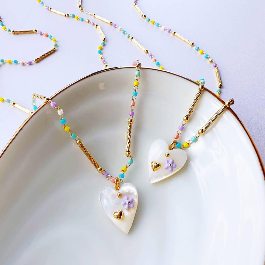 Mother Of Pearl Heart And Bright Beaded Chain Necklace