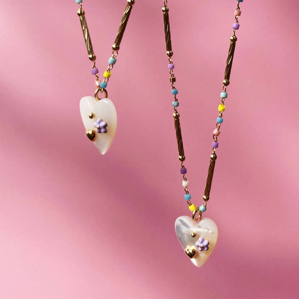 Mother Of Pearl Heart And Bright Beaded Chain Necklace