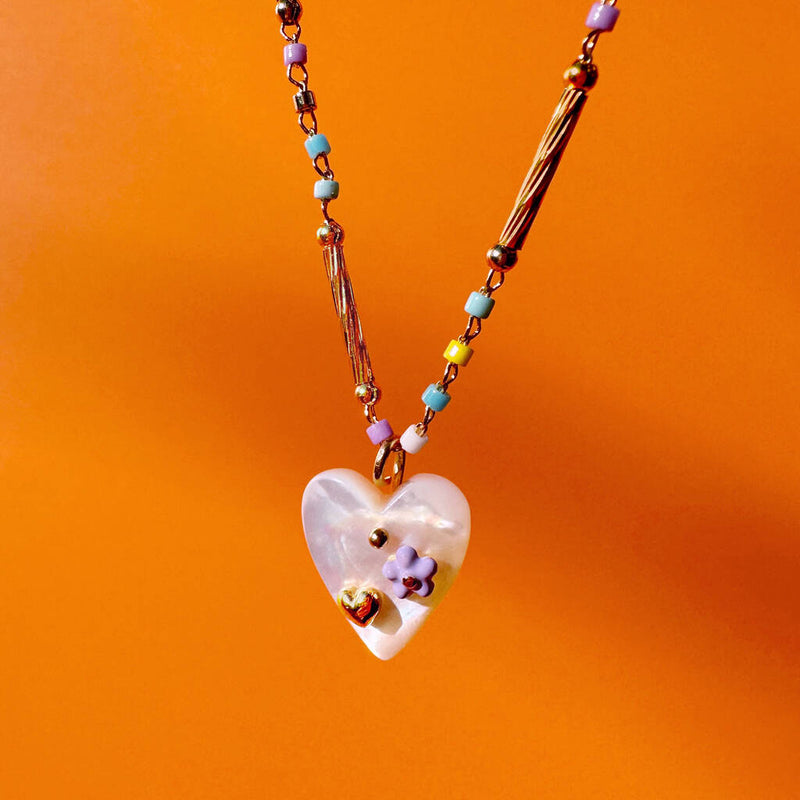 Mother Of Pearl Heart And Bright Beaded Chain Necklace