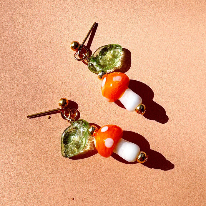 Murano Glass Mushroom And Leaf Stud Earrings