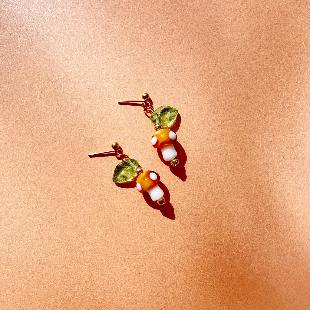 Murano Glass Mushroom And Leaf Stud Earrings