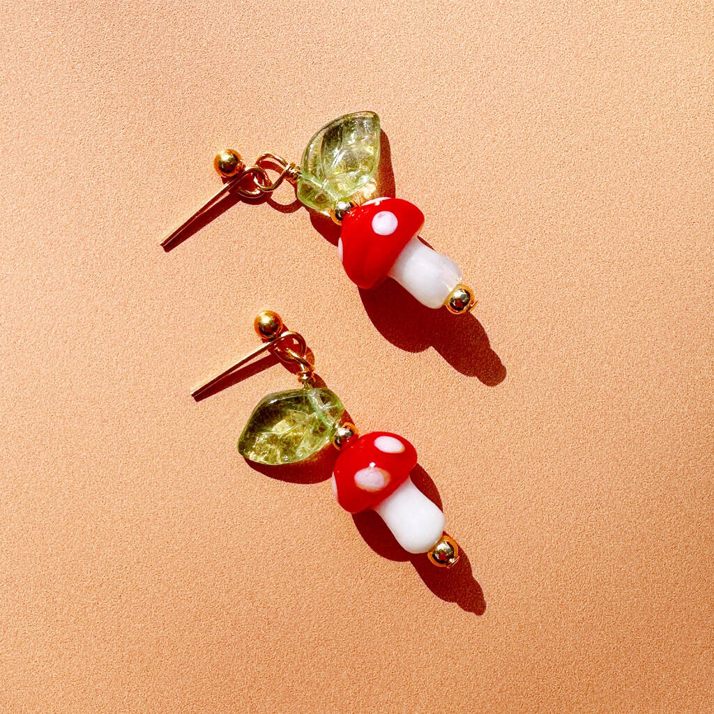 Murano Glass Mushroom And Leaf Stud Earrings