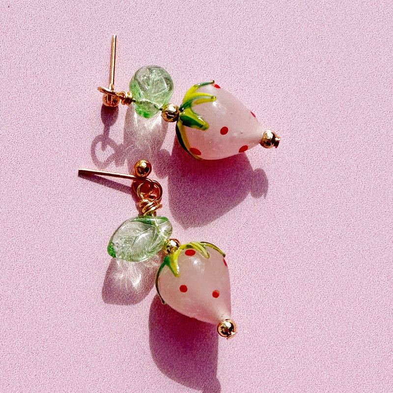 Murano Glass Strawberry And Leaf Stud Earrings