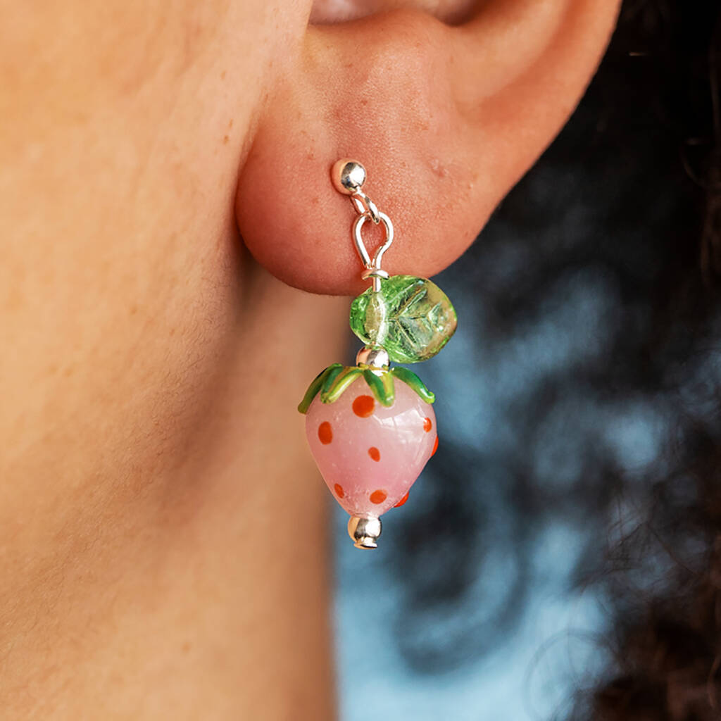 Murano Glass Strawberry And Leaf Stud Earrings