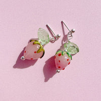 Murano Glass Strawberry And Leaf Stud Earrings