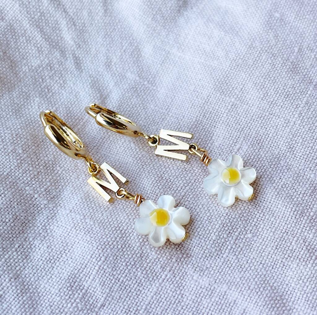 Personalised Initial And Pearl Daisy Huggie Earrings