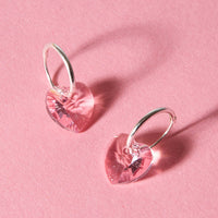 Pink Crystal Heart Sterling Silver Hoop Earrings