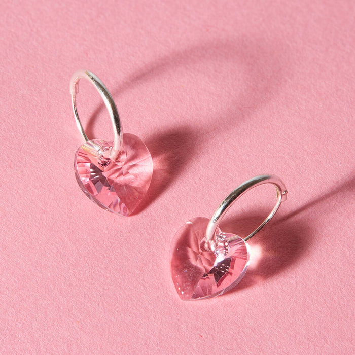 Pink Crystal Heart Sterling Silver Hoop Earrings