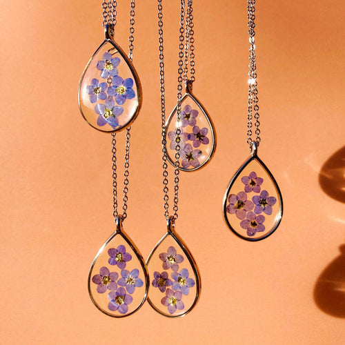 Real Pressed Flower Teardrop Pendant Necklace