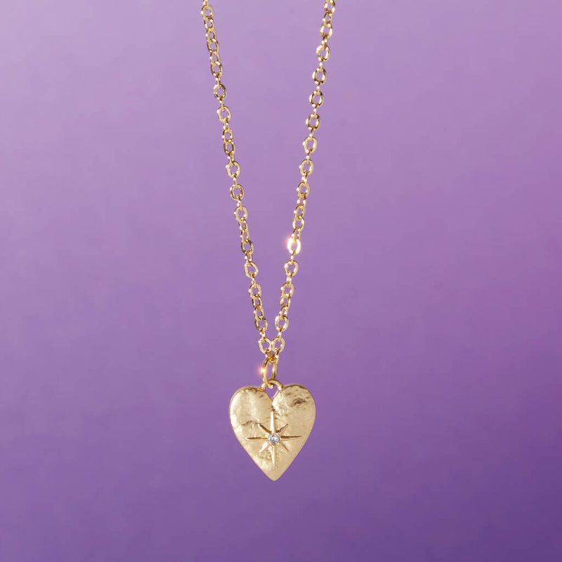 Textured Gold Plated Starry Heart Valentines Necklace