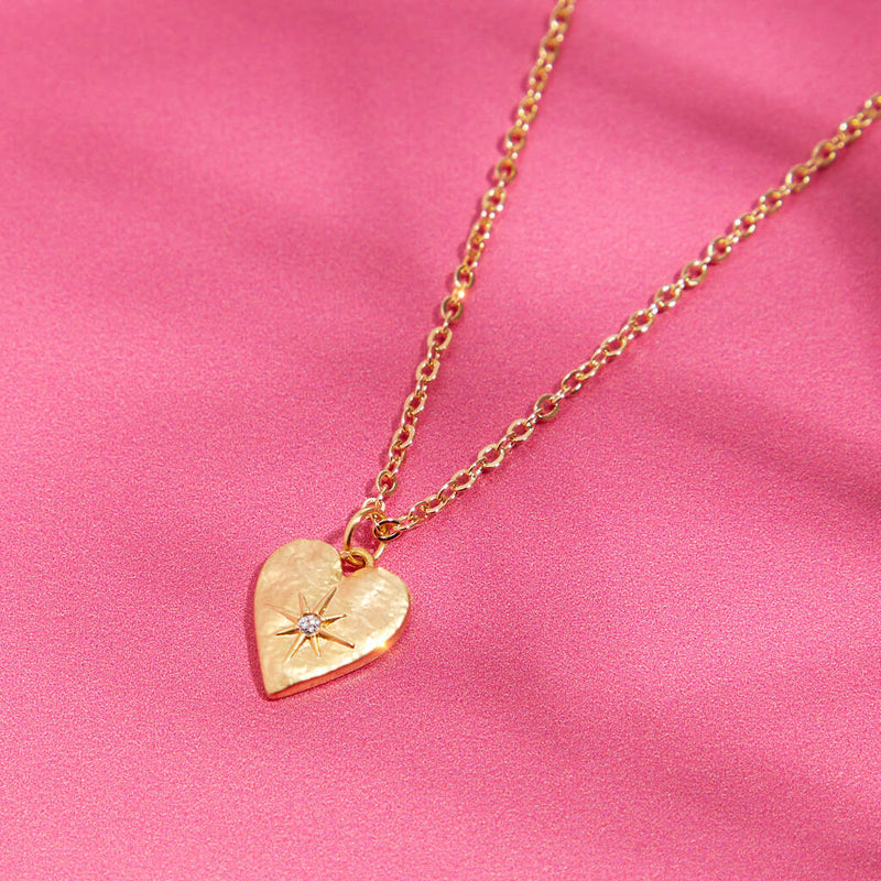 Textured Gold Plated Starry Heart Valentines Necklace